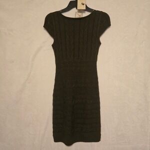 Pink Rose Petite Olive Green Cable Knit Sweater Dress Short Sleeve Scoop Neck PM